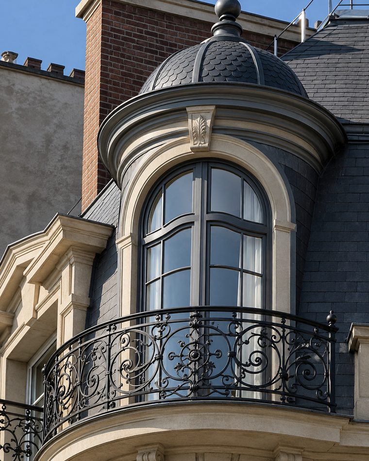 Lucarne à dôme d'ardoise avec fenêtre bombée cintrée et balcon en fer forgé