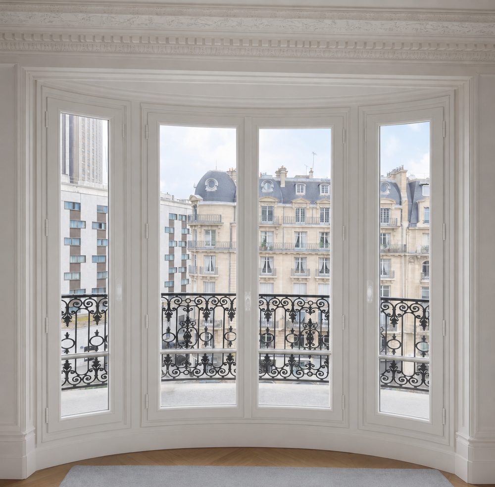 Fenêtre bombée à quatre vantaux, vue intérieure sur façades haussmanniennes